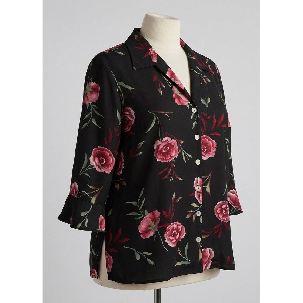 Plus Size Laura Scott Black and Pink Floral Print Notch Collar Button Blouse 18W
